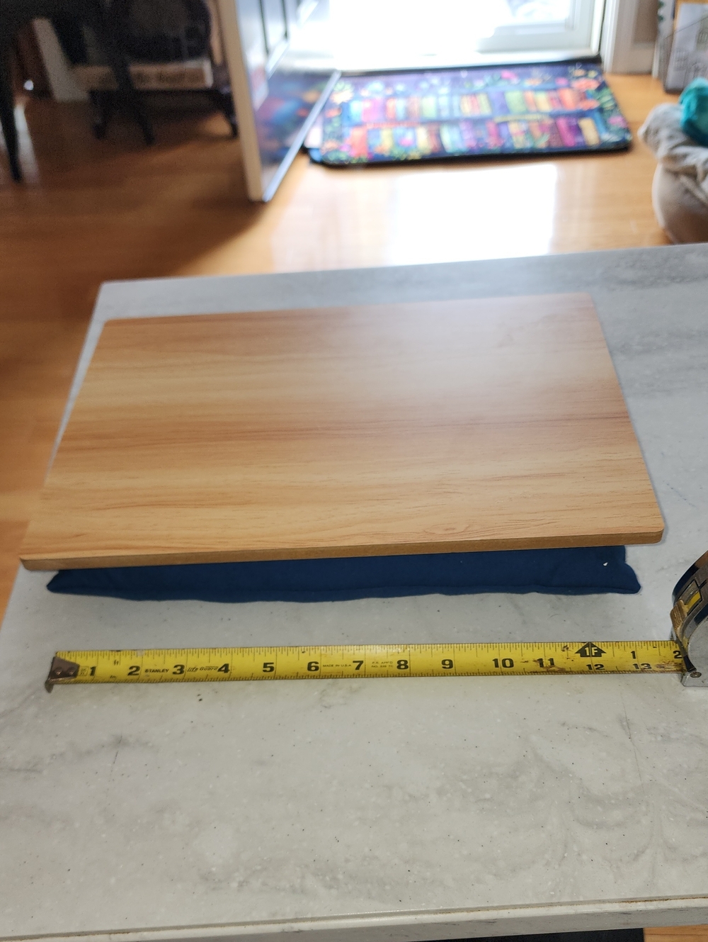 Wood-Grain Lap Desk with Blue Cushion - Portable Home Storage & Organization